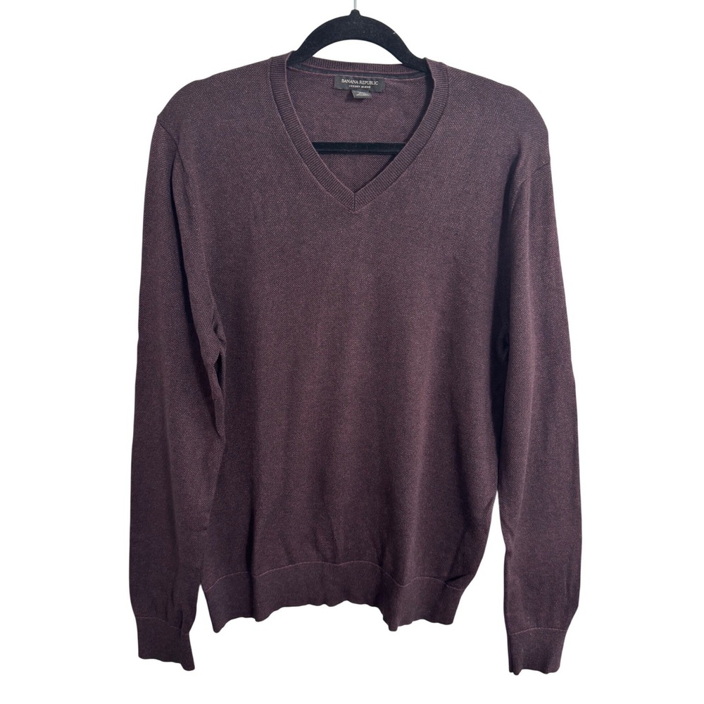 Banana Republic Mens Birdseye V-Neck Silk Cashmere Blend Sweater Plum Burgundy M